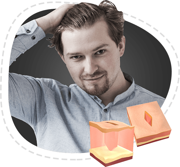 A happy person combing his hair and an Infographic on Sapphire FUE Hair Transplant